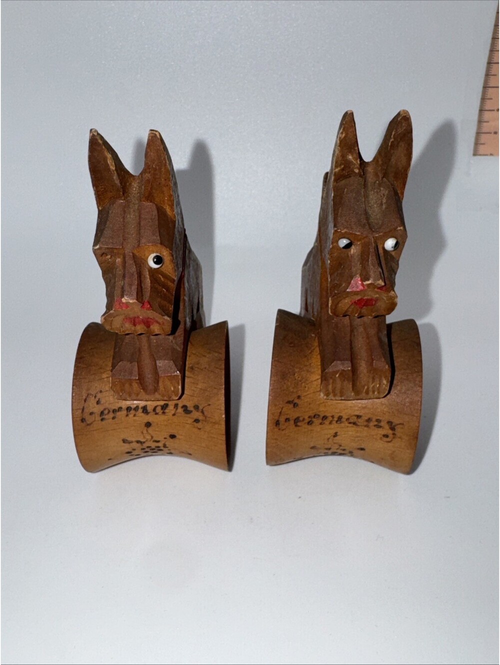 Vintage Pair Of Carved Wooden Scottie Dog Napkin Rings - Made In Germany